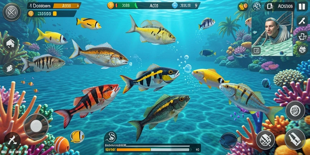 Screenshot gameplay menunjukkan aksi menembak ikan dengan senjata.