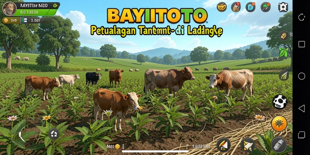 Tampilan gameplay <strong>BAYITOTO</strong> dengan ladang yang rimbun dan hewan ternak.