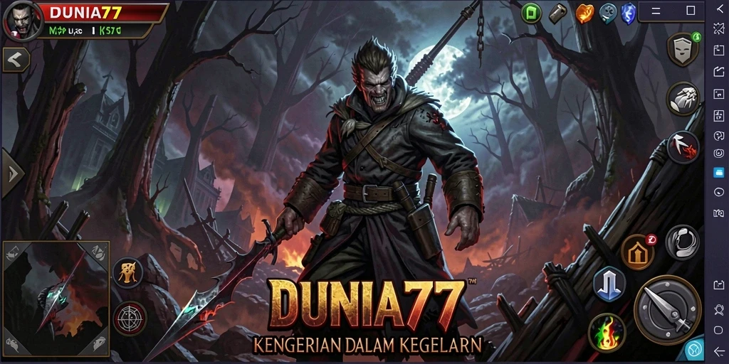 Tangkapan layar DUNIA77 menampilkan suasana seram saat menjelajahi dunia kegelapan.