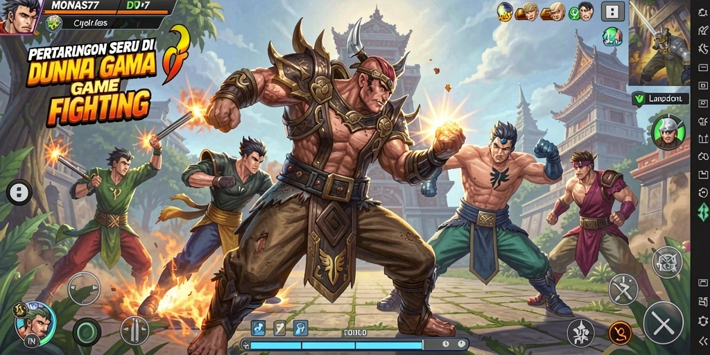 Tangkapan layar gameplay MONAS77 menampilkan aksi bertarung yang intens dan karakter yang beragam.