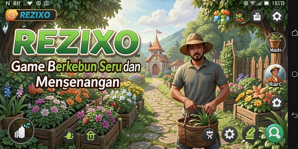 Gameplay seru REZIXO dengan kebun yang indah dan beragam tanaman.