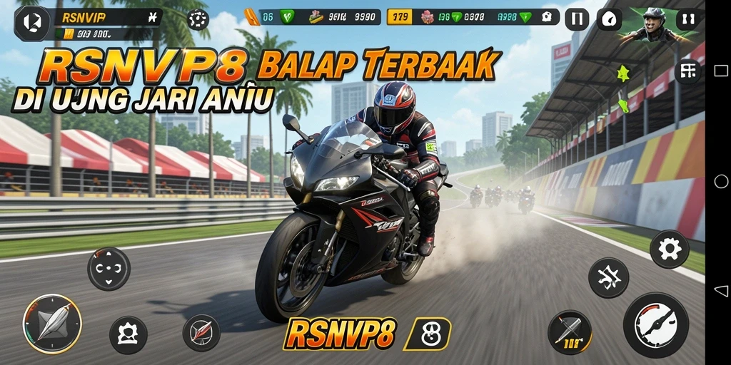 Tampilan gameplay seru dan mendebarkan dalam RSNVIP8 yang penuh aksi balap motor.