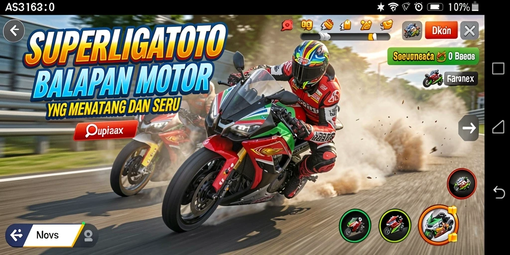 Tampilan gameplay seru di SUPERLIGATOTO dengan aksi balapan motor.